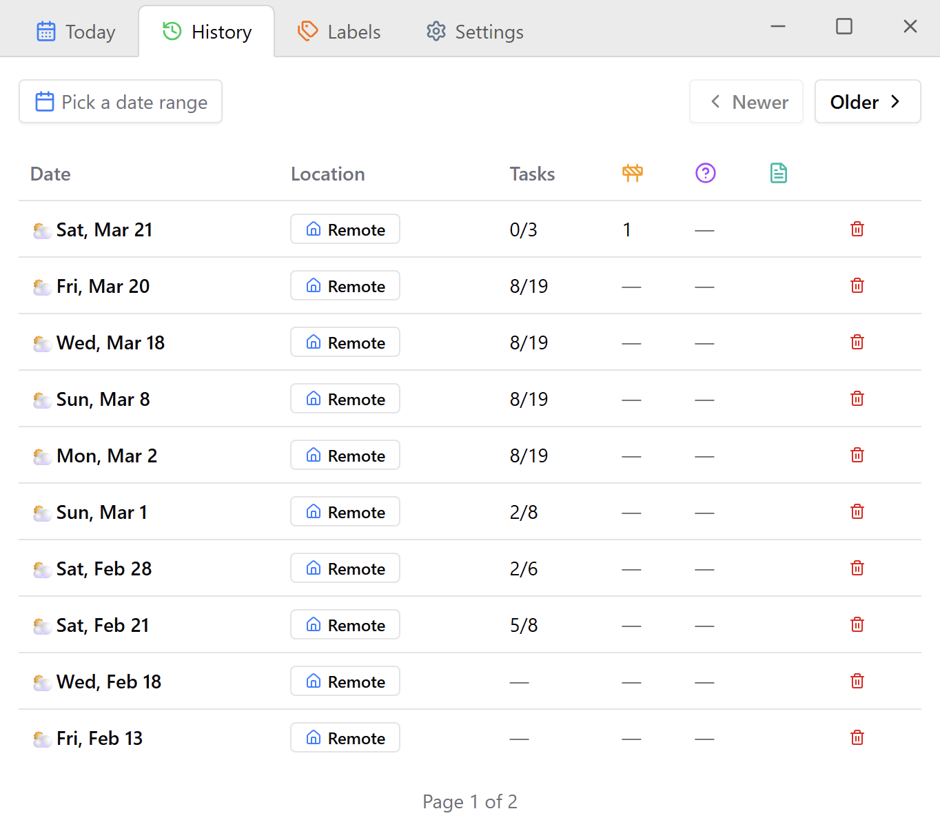 History view showing past days with task counts