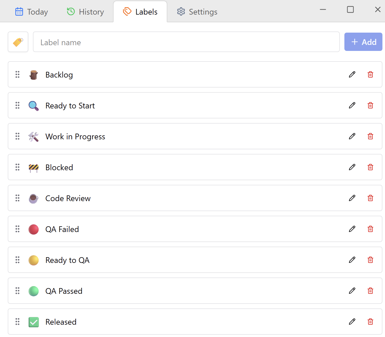 Task labels with emoji icons