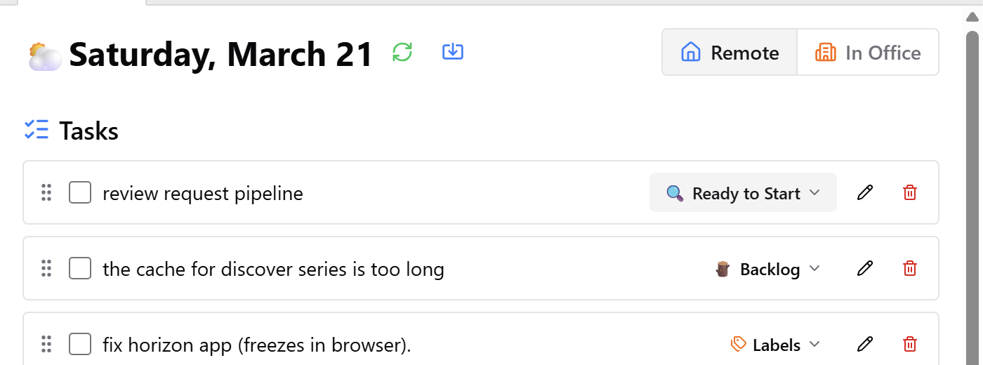 Tasks view showing daily task tracking