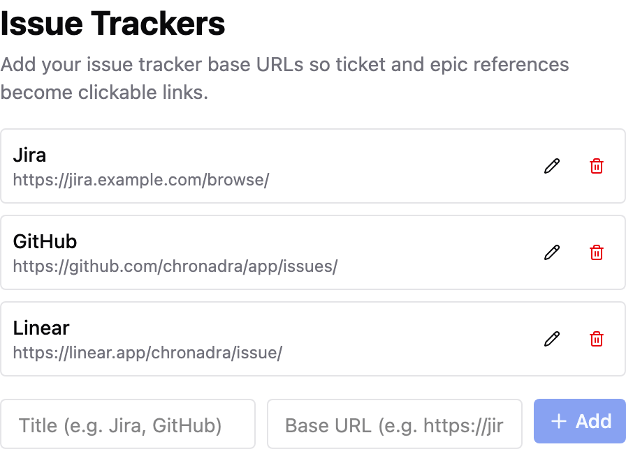 The Issue Trackers editor in Settings